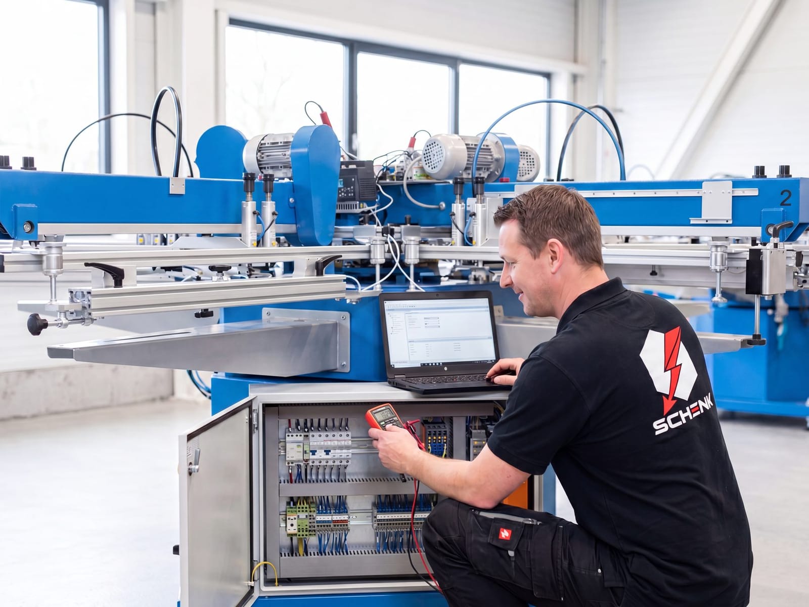 Schenk Servicetechniker bei der Wartung einer Siebdruckmaschine mit Laptop-Diagnose
